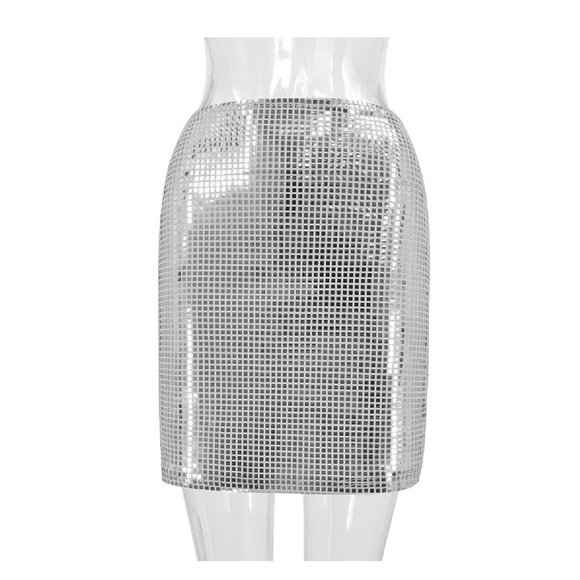 Silver Sequin Mini Skirt High Rise Clubwear Dancewear Stretchy Sizes S M L - Picture 6 of 13